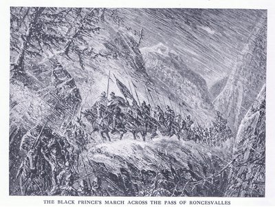 De mars van de Zwarte Prins over de Pas van Roncesvalles, uit Cassells History of the British People gepubliceerd door de Waverley Book Company Limited, ca. 1940 door C.O. Murray